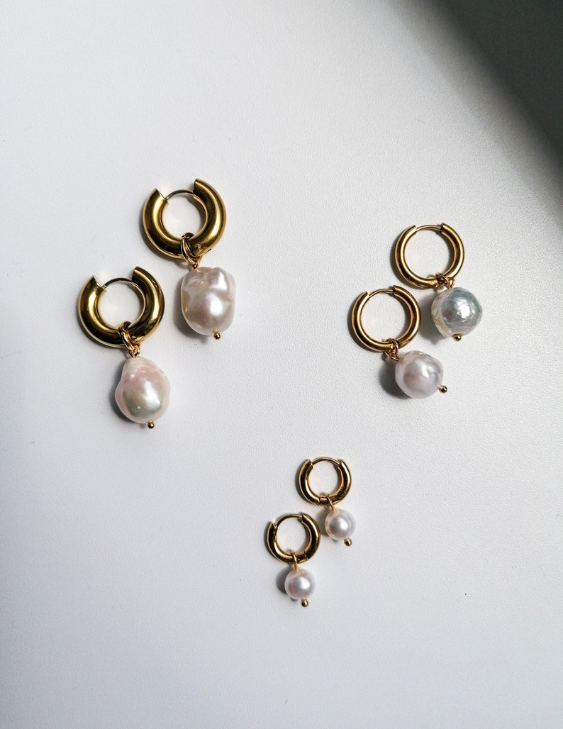 Chunky pearl hoop earrings, large barique pearl earrings, flameball pearl jewelry, gift for her image 8