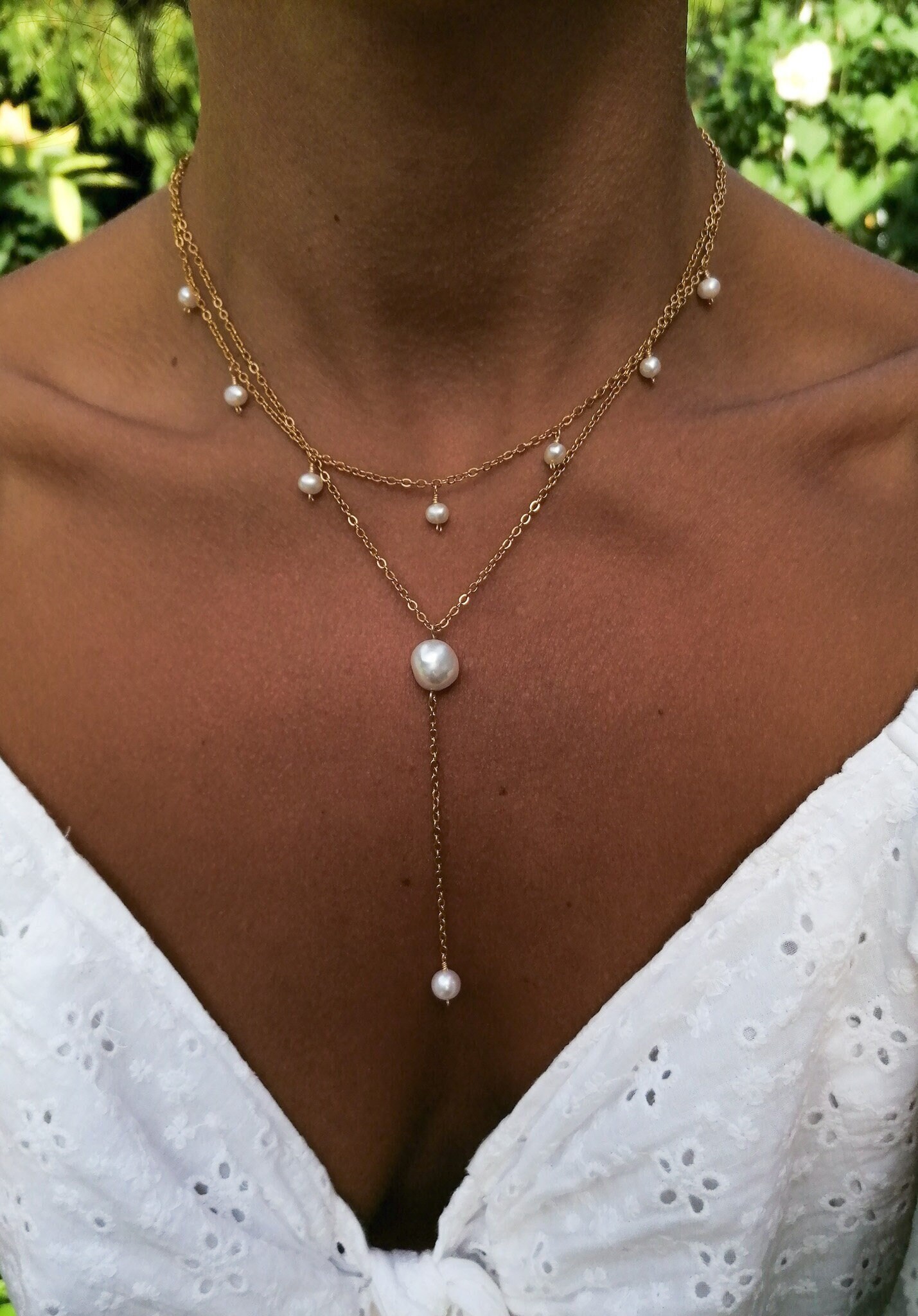 14K Gold Plated Pearl Necklace Set, Dainty Layered Daisy Pearl Choker, Trendy Stackable Jewelry Gift For Women