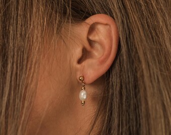 Gold pearl drop earrings, tarnish resistant stainless steel, bridal jewelry