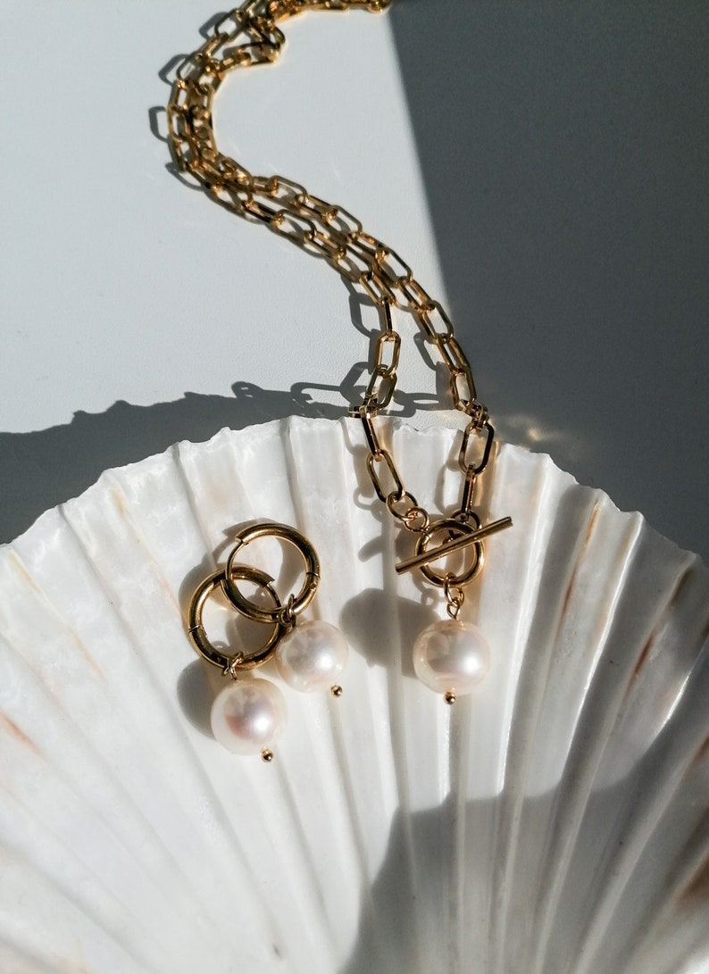 Pearl hoop earrings, real pearl dangle earrings, freshwater pearl jewelry, modern bridal accessory, large pearl earrings image 4