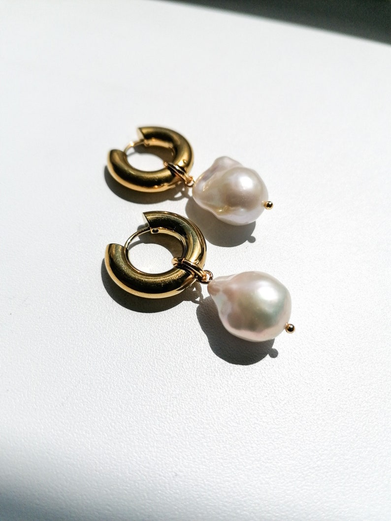 Chunky pearl hoop earrings, large barique pearl earrings, flameball pearl jewelry, gift for her image 2