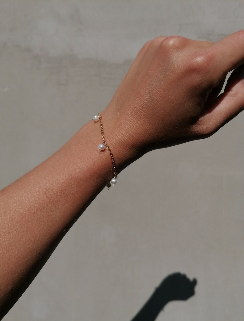 Pearl charm bracelet, dainty pearl chain bracelet, boho bridal jewelry, june birthstone gift image 1