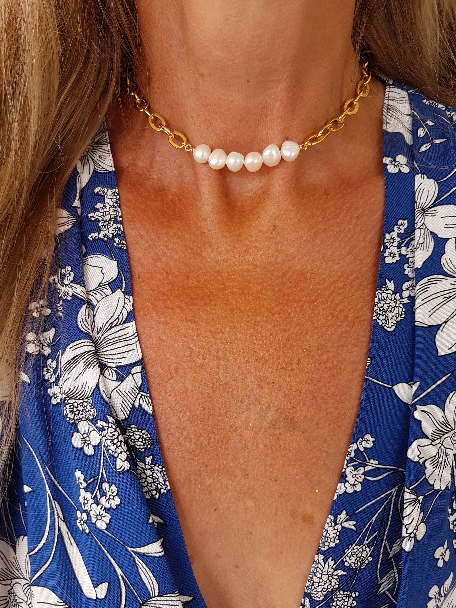 Chunky pearl necklace half pearl necklace gold chain Etsy