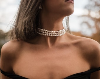 Multi strand freshwater pearl choker, Three layer baroque pearl bridal necklace
