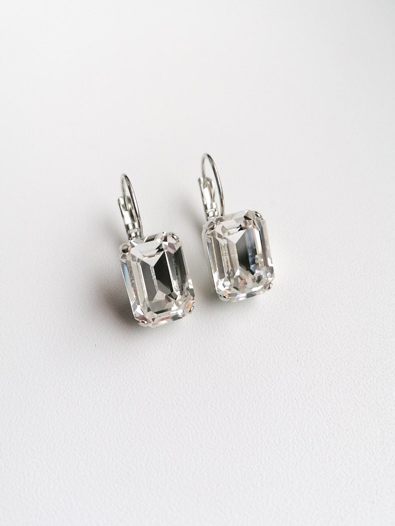 Emerald cut earrings, clear octagon crystal earrings, bridal wedding drop earrings image 7
