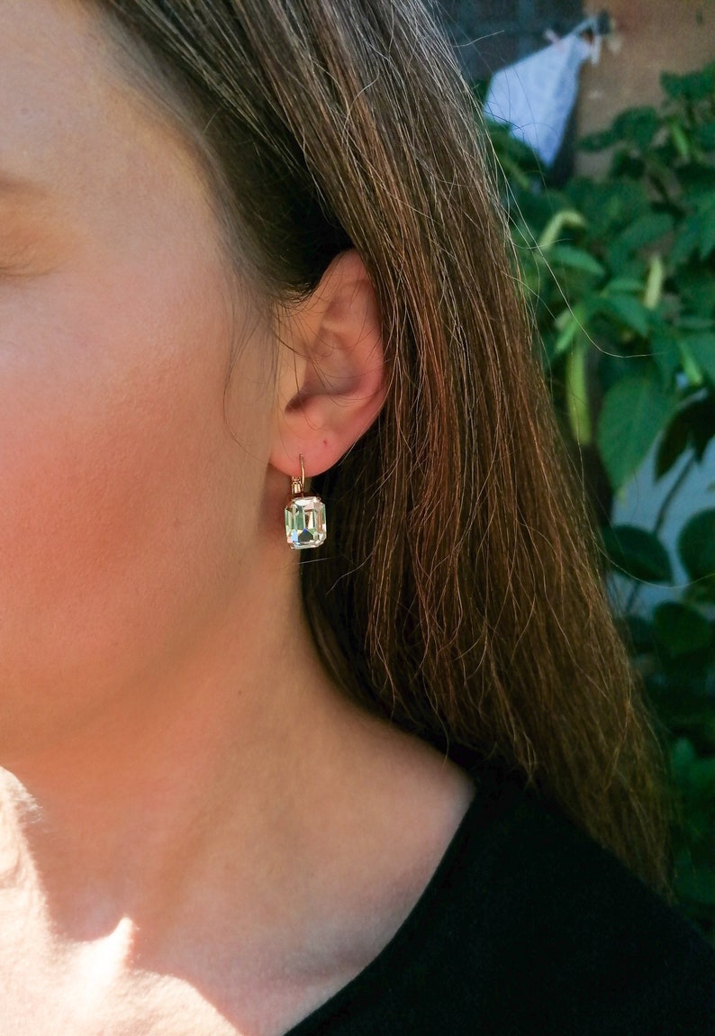 Emerald cut earrings, clear octagon crystal earrings, bridal wedding drop earrings image 2