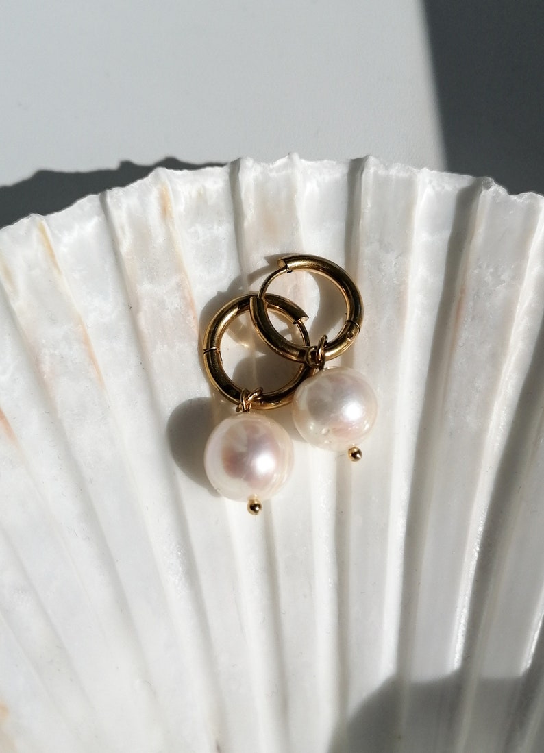 Pearl hoop earrings, real pearl dangle earrings, freshwater pearl jewelry, modern bridal accessory, large pearl earrings image 3