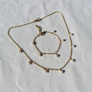 Pearl charm bracelet, dainty pearl chain bracelet, boho bridal jewelry, june birthstone gift Set with necklace
