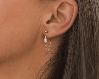 Pearl chain dainty earrings, everyday waterproof jewelry