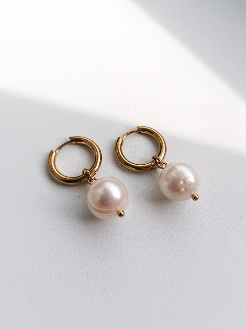 Pearl hoop earrings, real pearl dangle earrings, freshwater pearl jewelry, modern bridal accessory, large pearl earrings image 1