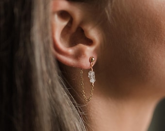 Herkimer diamond chain earrings, PVD gold plated tarnish free stainless steel jewelry