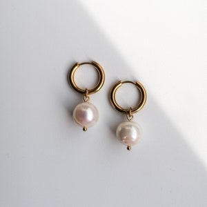 Pearl hoop earrings, real pearl dangle earrings, freshwater pearl jewelry, modern bridal accessory, large pearl earrings image 9