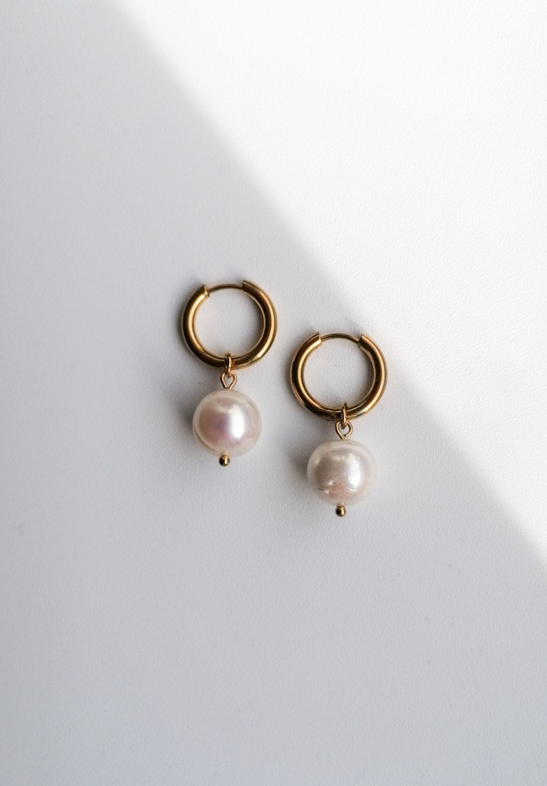 Pearl hoop earrings, real pearl dangle earrings, freshwater pearl jewelry, modern bridal accessory, large pearl earrings image 9