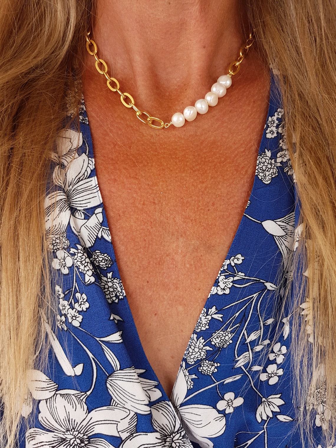 Chunky pearl necklace half pearl necklace gold chain Etsy