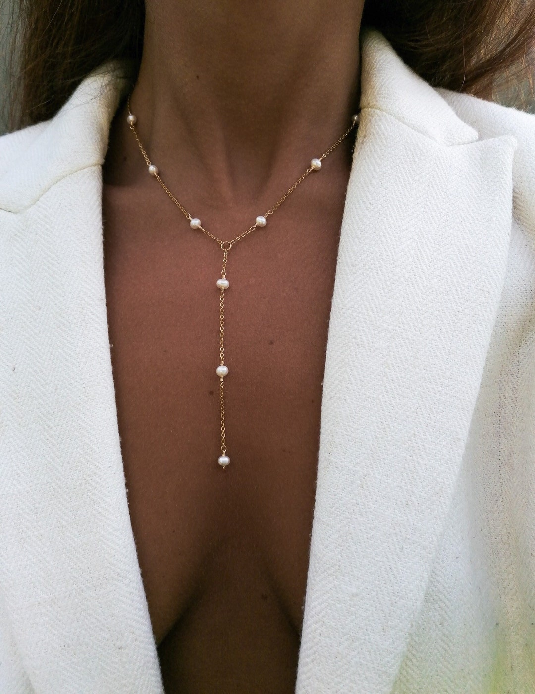 Pearl Lariat Necklace: Gold Chain Y Necklace, Bridal Jewelry