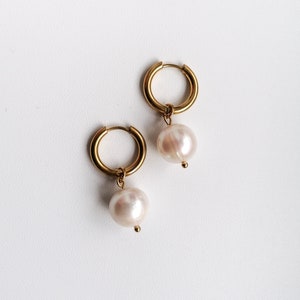 Pearl hoop earrings, real pearl dangle earrings, freshwater pearl jewelry, modern bridal accessory, large pearl earrings image 5