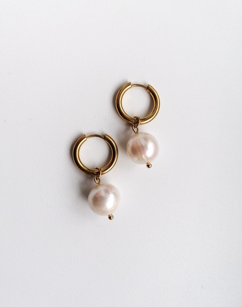 Pearl hoop earrings, real pearl dangle earrings, freshwater pearl jewelry, modern bridal accessory, large pearl earrings image 5