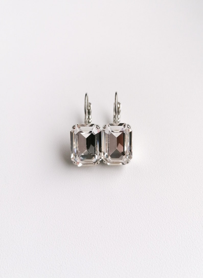 Emerald cut earrings, clear octagon crystal earrings, bridal wedding drop earrings image 6