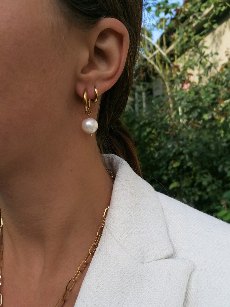 Pearl hoop earrings, real pearl dangle earrings, freshwater pearl jewelry, modern bridal accessory, large pearl earrings image 7