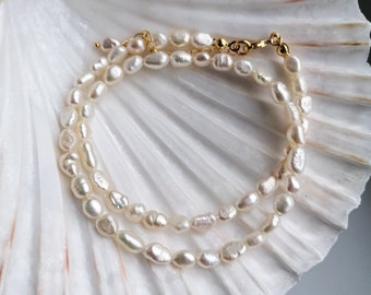 Baroque pearl beaded necklace, adjustable freshwater pearl strand, boho bridal jewelry