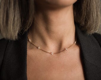 Herkimer diamond chain necklace, PVD gold plated stainless steel jewelry, bridal accessrory