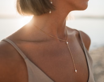 Pearl Chain Lariat Necklace, y necklace, Bridal Tarnish Resistant Jewelry