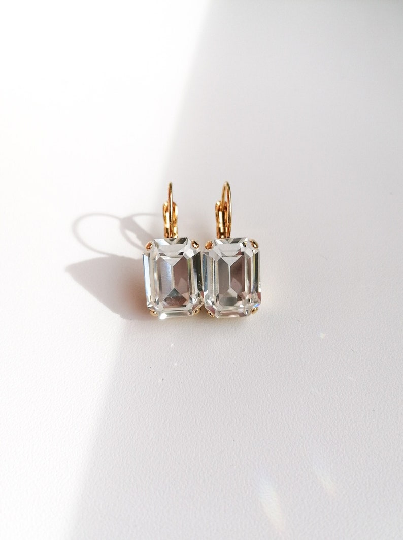 Emerald cut earrings, clear octagon crystal earrings, bridal wedding drop earrings image 1