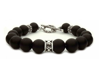 Bracelet gemstone beaded black Onyx and silver