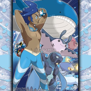 May include: A digital illustration of a male character with blue hair and brown skin wearing a blue swimsuit. He is surrounded by various blue and purple water-type Pokemon, including a large blue whale Pokemon. The text "@Tails19950 (Artwork by Tom Higgins)" is at the bottom of the image.