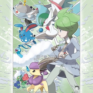 May include: A green-haired trainer with a blue and white Pokemon, a blue and white Pokemon with bunny ears, a blue and white Pokemon with a long neck, a purple and yellow Pokemon, and a green Pokemon with red berries. The trainer is holding a Pokeball and a Pokédex. The text "@Tailsi.9950 (Artwork by Tom Higgins)" is in the image.