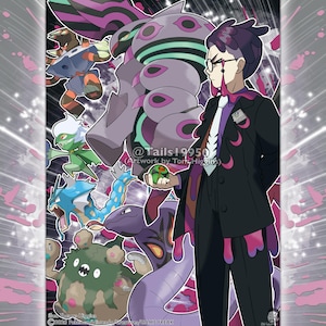 May include: A digital illustration featuring a man in a black suit with purple accents, surrounded by various colorful creatures. The artwork includes the text "@Tails19950" and "Artwork by Tom Higgins". The background has pink and white streaks.