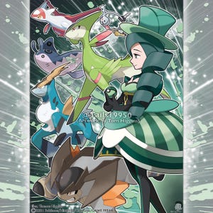 May include: A green-themed illustration featuring a female character in a green dress and hat, surrounded by five Pokémon. The Pokémon include a green and red Sceptile, a blue and white Swampert, a blue and white Kingdra, a blue and white Wiscash, and a red and white Altaria.