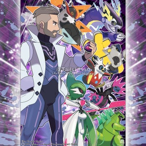 Könnte beinhalten: Eine digitale Illustration eines Charakters aus der Pokémon-Videospielserie. Der Charakter trägt einen weißen Laborkittel mit schwarzen Akzenten und einen lila-schwarzen Anzug. Der Charakter ist von verschiedenen Pokémon umgeben, darunter ein grün-weißes Pokémon mit einem großen, weißen Flügel, ein grün-schwarzes Pokémon mit einem großen, roten Auge und ein rot-schwarzes Pokémon mit einem großen, weißen Flügel.