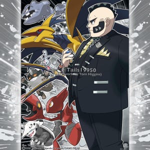 May include: Illustration featuring a man in a black suit with a distinctive black and white facial design, holding a blue and white object. The artwork includes various colorful cartoon characters and the text "@Tails19950 (Artwork by Tom Higgins)".