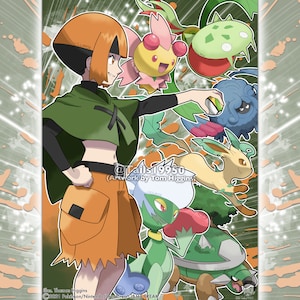 May include: A female character with orange hair and a green hooded jacket stands with a group of six Pokemon. The Pokemon are: a green and red Grookey, a brown and green Squirtle, a brown and white Eevee, a blue and purple Gloom, a green and red Weepinbell, and a pink and yellow Bellossom.