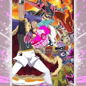 Puede incluir: Una ilustración digital de un personaje de la serie de videojuegos Pokémon. El personaje lleva un uniforme rojo y negro con una capa blanca. El personaje sostiene una Poké Ball en su mano derecha. El personaje está rodeado de varios Pokémon, incluyendo un dragón rojo, un pájaro blanco y rojo y un lagarto verde.