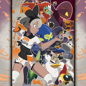 May include: A digital illustration of a female character from the Pokemon video game series. She is wearing a white and orange athletic uniform with the text "SM" on the front. She is surrounded by various Pokemon characters, including a blue and yellow Pokemon with a star on its chest, a white and yellow Pokemon with a beak, and a red and black Pokemon with a mask.