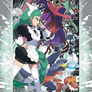 Puede incluir: Ilustración de una mujer con un atuendo de doncella en blanco y negro, sosteniendo una bola azul y roja, rodeada de varias criaturas fantásticas coloridas. La obra de arte tiene una composición dinámica con colores vibrantes.