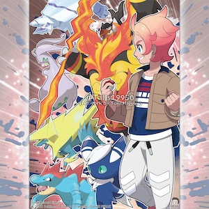 May include: Digital artwork depicting a person with pink hair and a tan jacket, alongside several colourful Pokémon characters. The image includes the text "@Tailsd9950" and "Artwork by Tom Higgins."