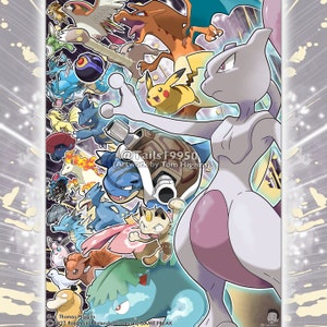 May include: A digital illustration featuring a collection of Pokemon characters, including Pikachu, Charizard, Mewtwo, and many others. The characters are arranged in a dynamic composition, with Mewtwo standing prominently in the foreground. The background is a swirling mix of blue and white, creating a sense of motion and energy.