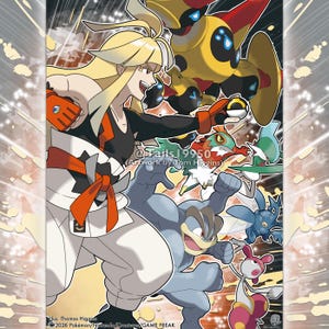 May include: A vibrant illustration featuring a blonde character in a black and orange outfit, surrounded by various colorful creatures. The artwork includes text that reads "@Tails19950 Artwork by Tom Higgins" and "2026 Pokémon/Nintendo/Creatures/GAME FREAK".
