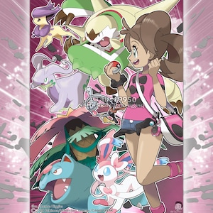 Könnte beinhalten: Eine rosa-grüne Pokémon-Trainerin mit braunen Haaren und einem rosa Shirt steht mit ihren Pokémon. Zu den Pokémon gehören ein rosa-blaues Sylveon, ein blaues Vaporeon, ein grün-braunes Sceptile, ein lila-gelbes Gardevoir, ein lila-gelbes Espeon und ein rosa-grünes Lilligant.