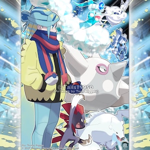 May include: A digital illustration of a female character wearing a yellow and blue winter coat with a red scarf, standing with four Pokémon. The Pokémon are a white and pink Alolan Vulpix, a blue and white Alolan Sandshrew, a red and black Salandit, and a white and blue Alolan Ninetales. The background is a blue and white gradient with snowflakes.