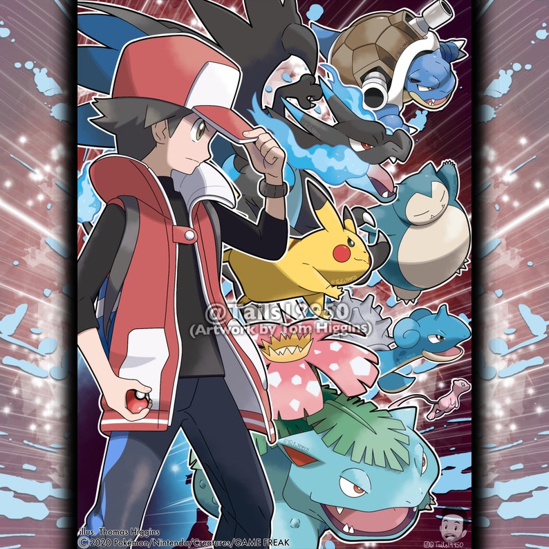K&ouml;nnte beinhalten: Eine digitale Illustration eines jungen Trainers mit einer rot-schwarzen Jacke, einer roten Baseballkappe und einem Pok&eacute;ball in der Hand. Der Trainer ist von einer Gruppe von Pok&eacute;mon umgeben, darunter Pikachu, Blastoise, Squirtle, Venusaur und Charizard. Der Hintergrund ist ein rot-blauer Farbverlauf mit wei&szlig;en Streifen.