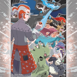 Peut inclure: Illustration colorée avec un personnage aux cheveux orange et blancs, portant des lunettes et une tenue grise, tenant une balle rouge et noire. Diverses créatures fantastiques sont représentées, dont un dragon bleu avec des flammes, un lion brun et une créature verte épineuse. Le texte comprend "@Tails19950" et "Artwork by Tom Higgins".