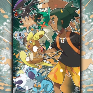 May include: A digital illustration of a young person with green hair and a brown skin tone, wearing a black shirt, orange shorts, and a brown necklace. The person is surrounded by six Pokemon characters: a green and brown bird, a brown and yellow koala, a brown and yellow dog, a blue and white cat, a white and blue bear, and a purple and black bat. The text "@Talls19950 (Artwork by Tom Higgins)" is at the bottom of the image.