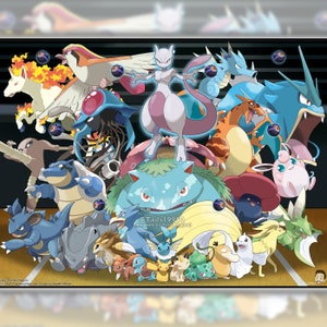 Puede incluir: Una ilustración colorida con una variedad de personajes de Pokémon, incluyendo Mewtwo, Venusaur y Blastoise. Los personajes están dispuestos en una composición dinámica, con Mewtwo de pie en el centro y los otros Pokémon rodeándolo. La ilustración está sobre un fondo oscuro con un patrón de cuadrícula.