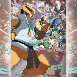 May include: A cartoon illustration of a male character with brown skin and a black belt, surrounded by various Pokemon characters. The characters include a Gardevoir, a Lucario, a Greninja, a Garchomp, a Metagross, and a Weavile. The background is a brown and blue gradient with white stars.