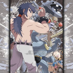 Pode incluir: Uma ilustração digital de um personagem masculino com um longo rabo de cavalo azul escuro, vestindo calças brancas e um cinto preto, de pé de costas para o espectador. Ele está cercado por seis Pokémon, incluindo um Pokémon pássaro azul e cinza, um Pokémon marrom com um focinho longo, um Pokémon cinza com uma boca grande, um Pokémon marrom com uma luva de boxe vermelha e branca, um Pokémon marrom com uma cauda longa e fina, e um Pokémon branco e rosa com uma cauda longa e fina. O texto "@Tails 19950 (Artwork by Tom Higgins)" está no canto inferior direito da imagem.