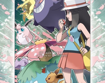 May include: A digital illustration of a female trainer from the Pokemon video game series. She is standing with her arms crossed and holding a Pokeball. Behind her are several Pokemon, including a purple Gengar, a pink Jigglypuff, a yellow Flareon, a brown Eevee, and a blue Vaporeon.